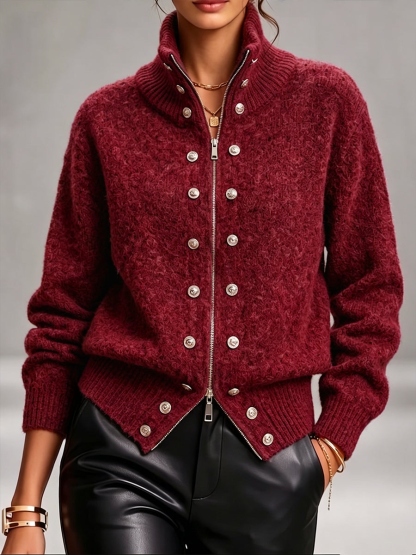 New Arrivals🔥 High-neck Zip-up Knit Cardigan With Dual-closure Detail.-simplysoftwear