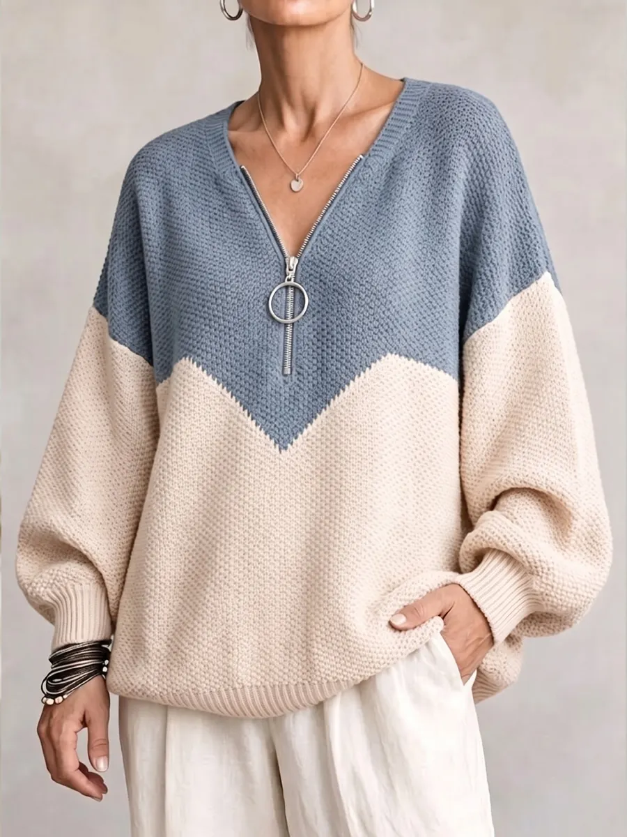 NEW ARRIVAL🔥  Women's Chevron Color Block Quarter-Zip Sweater Loose O-Ring Zipper Pullover Knit Top-simplysoftwear