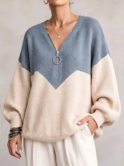 NEW ARRIVAL🔥  Women's Chevron Color Block Quarter-Zip Sweater Loose O-Ring Zipper Pullover Knit Top-simplysoftwear