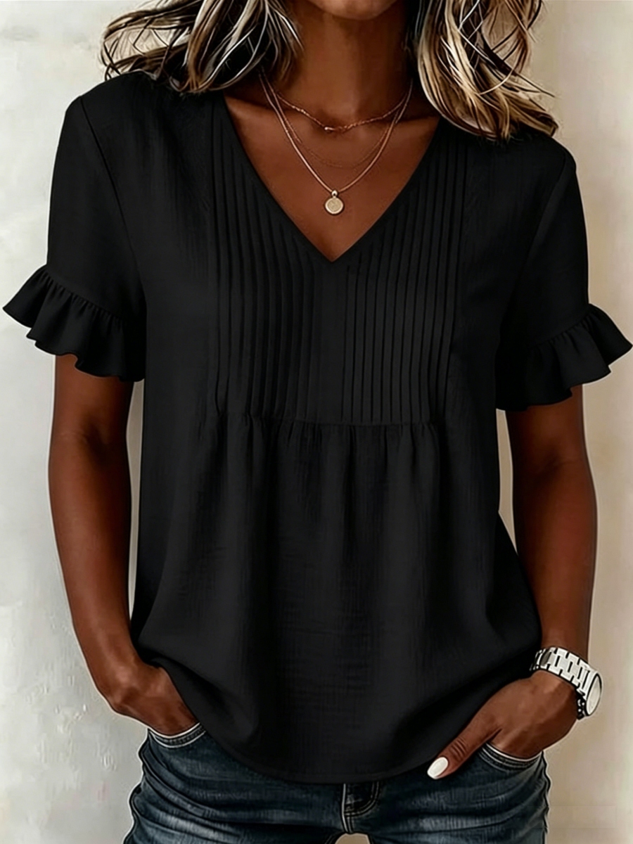 New Arrivals🔥Women's Flared Sleeves And Pleated Detail Loose-fit Solid-color V-neck Shirt Top