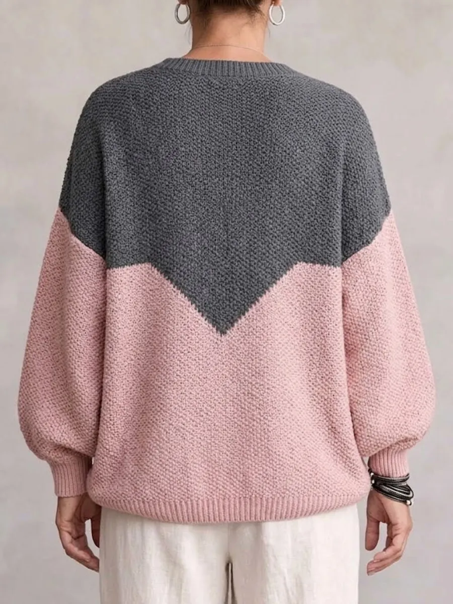NEW ARRIVAL🔥  Women's Chevron Color Block Quarter-Zip Sweater Loose O-Ring Zipper Pullover Knit Top-simplysoftwear