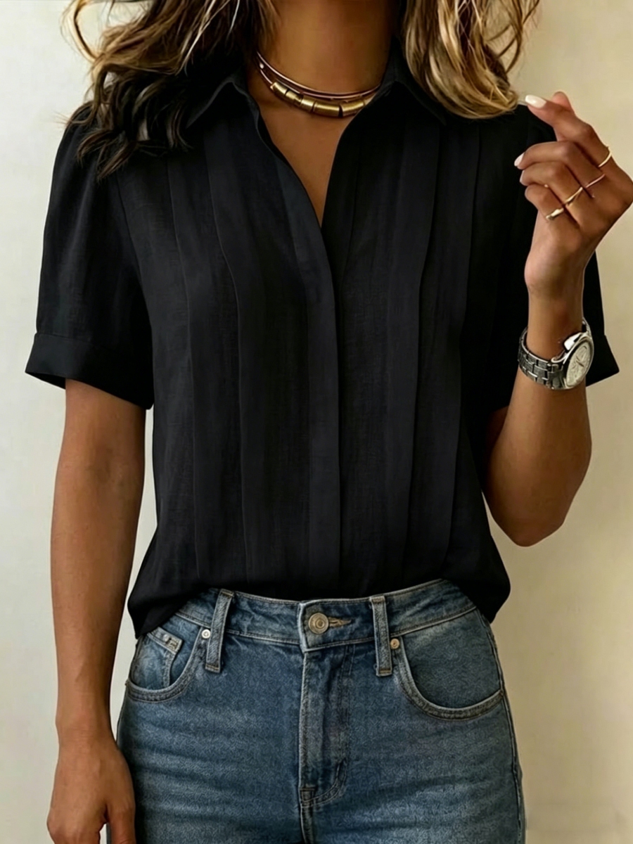 Clearance Sale🔥 Women's Lapel Short-sleeved Casual Loose Pleated Cotton And Linen Shirt