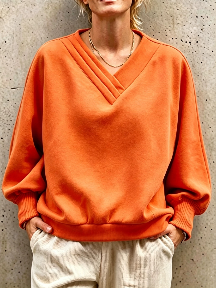 NEW ARRIVALS🔥 Pleated V-Neck Drop Shoulder Sweatshirt-halonarra