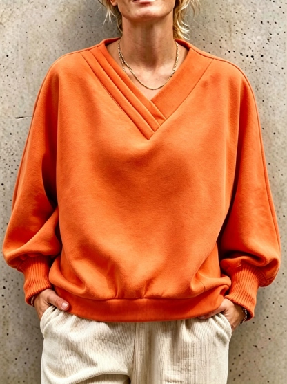 NEW ARRIVALS🔥 Pleated V-Neck Drop Shoulder Sweatshirt-halonarra