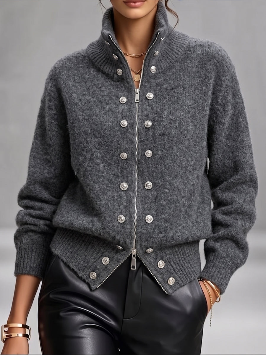 New Arrivals🔥 High-neck Zip-up Knit Cardigan With Dual-closure Detail.-simplysoftwear