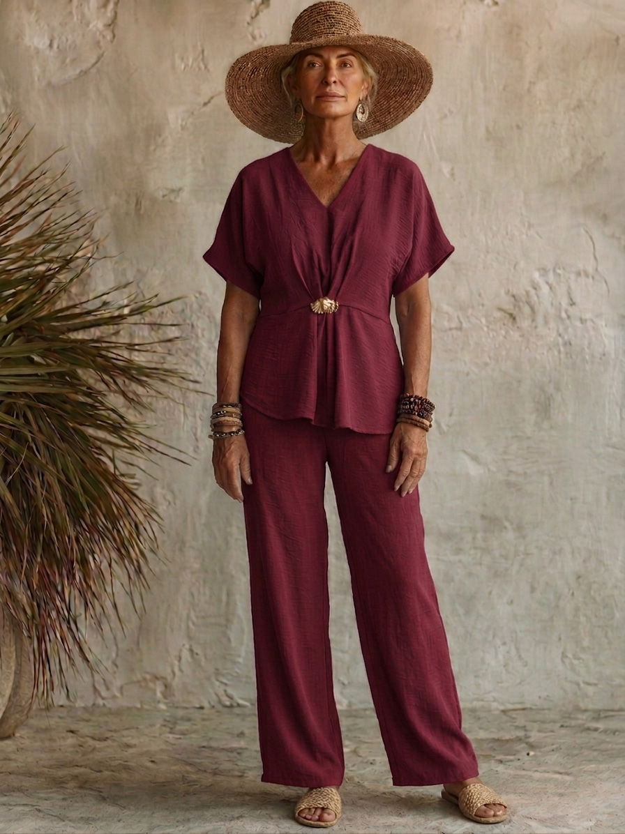 Comfortable Chiffon V-Neck Top with Metal Buttons Two-piece Set