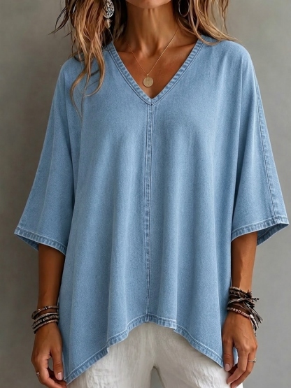 New Arrival🔥 Women's Cozy V-neck Loose-fitting Denim Shirt Top