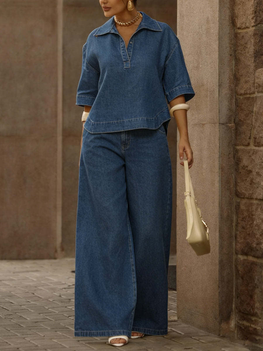 💝💝Women's Casual 100% Cotton Denim Top And Wide-leg Pants Two-piece
