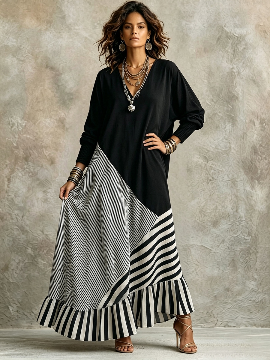 NEW ARRIVALS🔥 Chic Elegant Stretchy Black And Striped Maxi Dress-halonarra