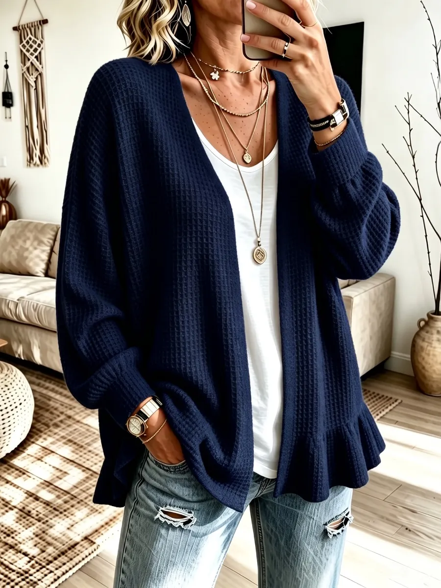 CLEARANCE SALE🔥 Women's Ruffle Hem Waffle Knit Open Front Cardigan-simplysoftwear
