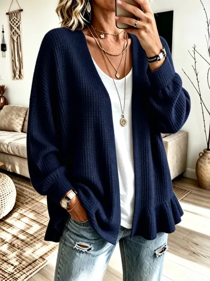 CLEARANCE SALE🔥 Women's Ruffle Hem Waffle Knit Open Front Cardigan-simplysoftwear