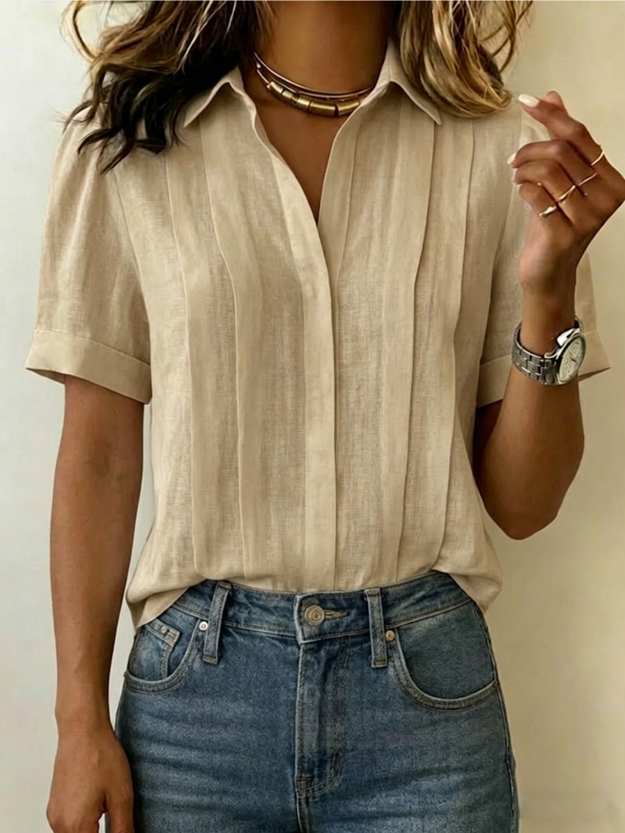 Clearance Sale🔥 Women's Lapel Short-sleeved Casual Loose Pleated Cotton And Linen Shirt