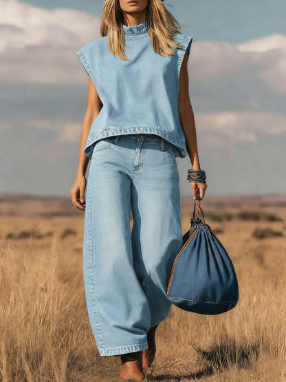 📦📦 New Arrivals🔥 Women's Stand Collar Sleeveless Casual Loose Top and High Waisted Loose Wide Leg Denim Pants Set