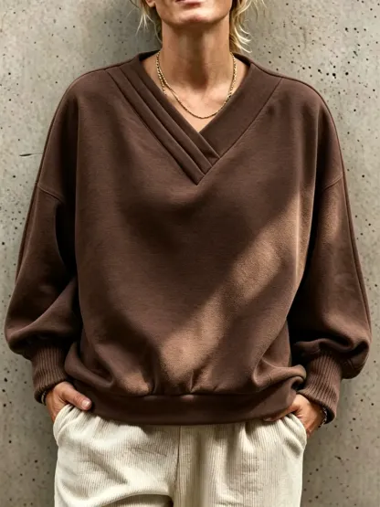 NEW ARRIVALS🔥 Pleated V-Neck Drop Shoulder Sweatshirt-halonarra