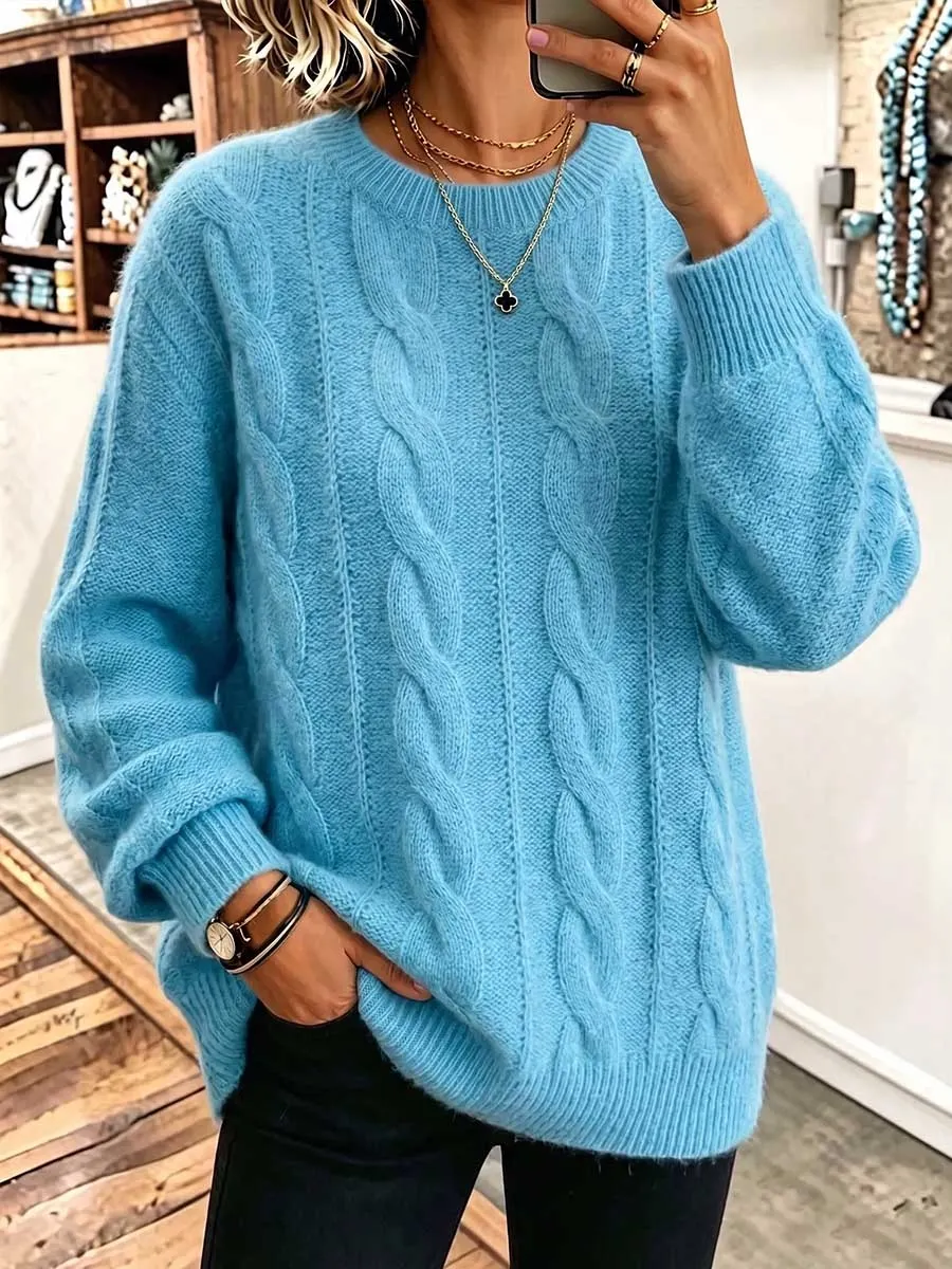 CLEARANCE SALE🔥  Women's Solid Color Round Neck Long Sleeve 3d Cable Knit Casual Loose Pullover Knit Sweater-halonarra