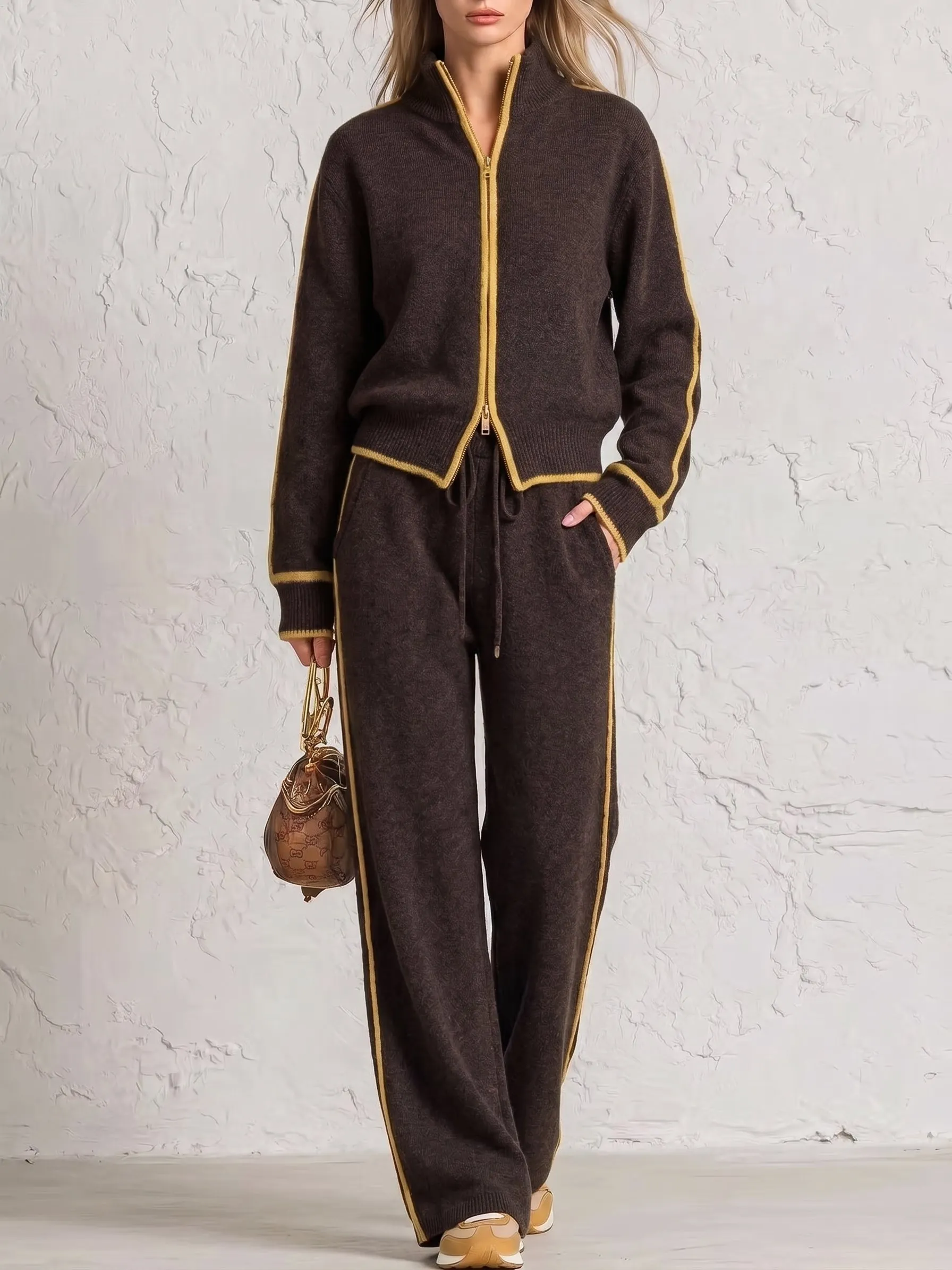 CLEARANCE SALE🔥 Chic Color Block Trim Knit Loungewear Set-halonarra