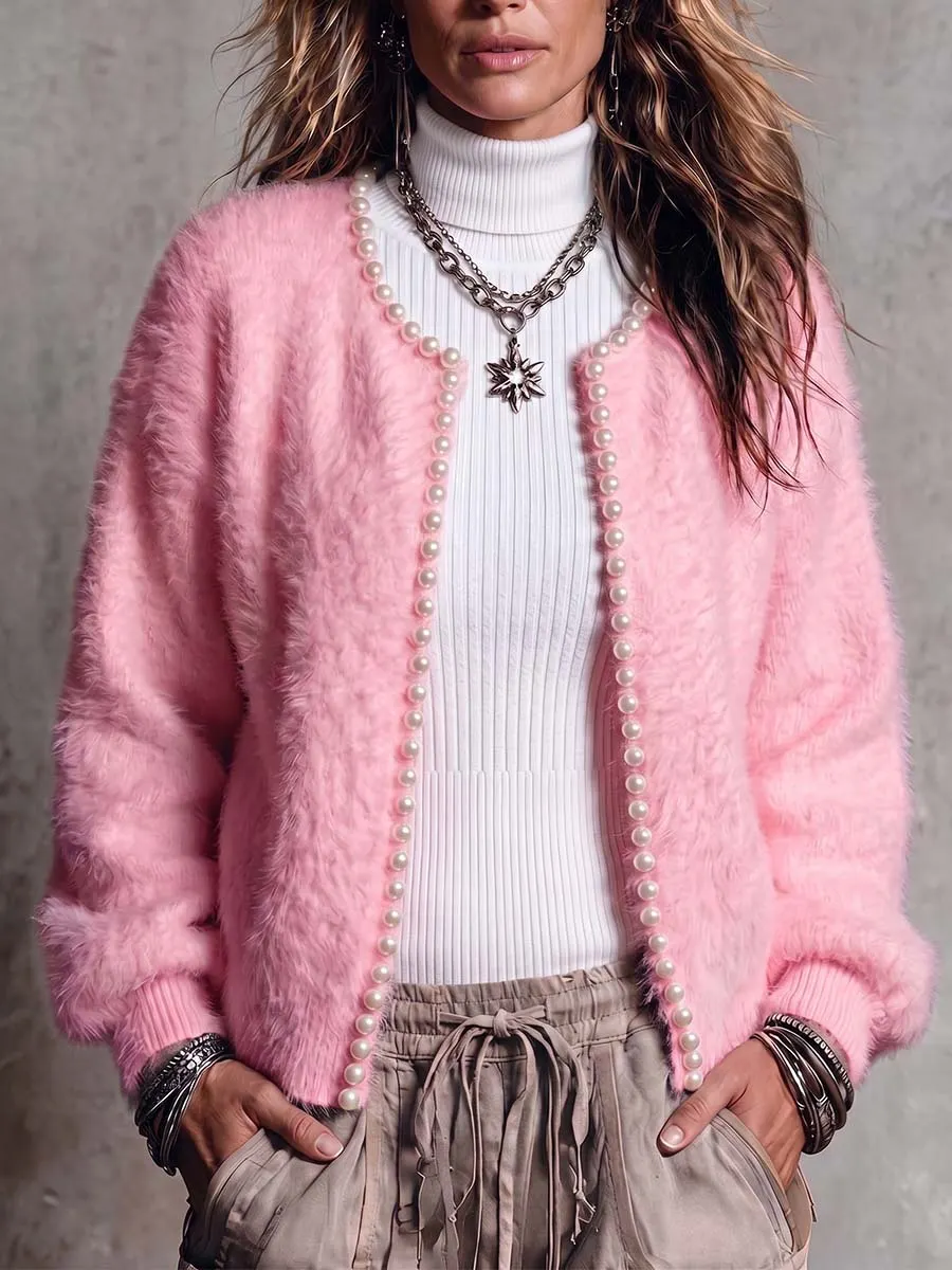 New Arrival🔥 Women's Solid Color Round Neck Long Sleeve Beaded Casual Loose Knit Cardigan-halonarra