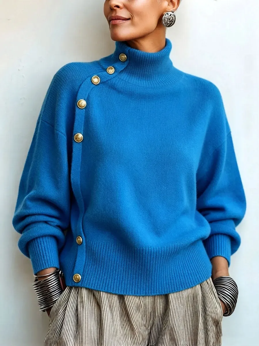 CLEARANCE SALE🔥 Chic Elegant Asymmetrical Button Turtleneck Sweater-halonarra