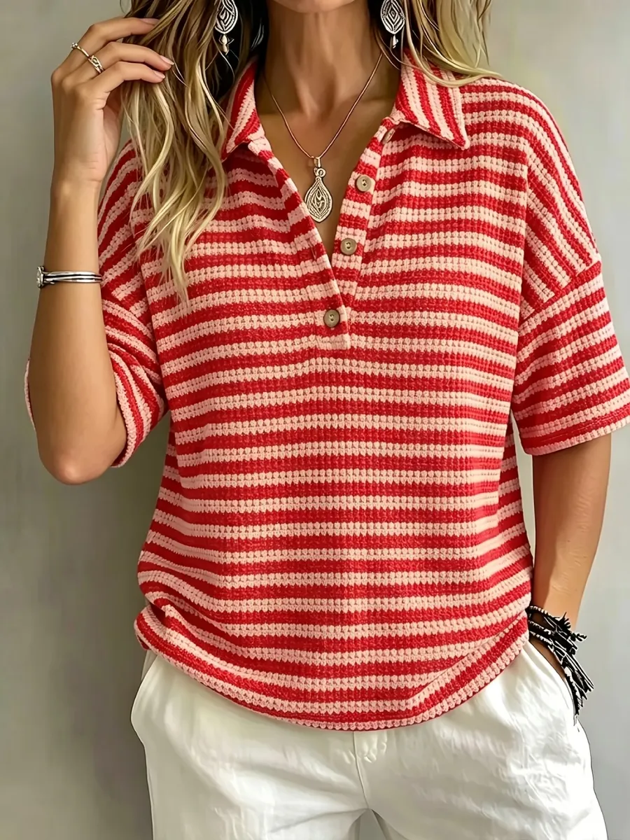 New Arrival 🔥Women'S Fashion Striped Waffle Short-Sleeved Polo Shirt