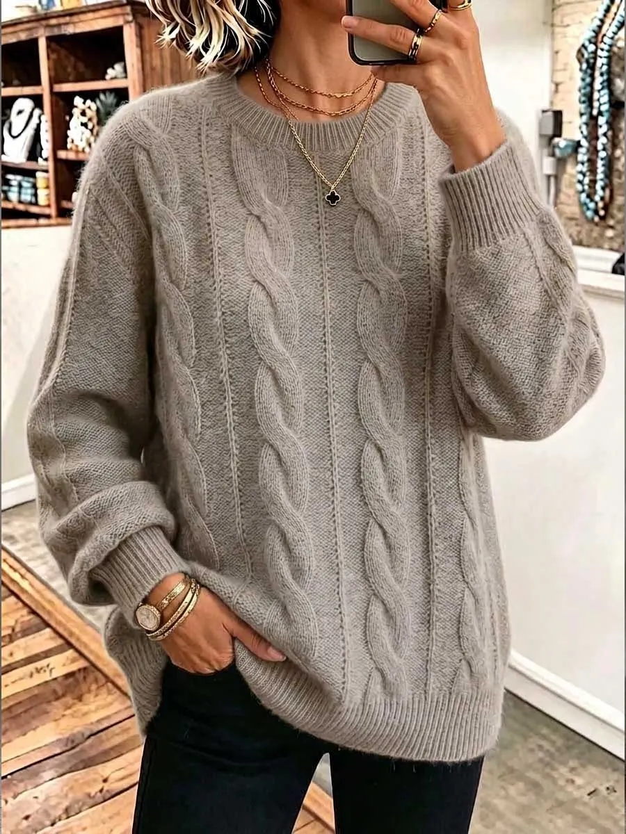 CLEARANCE SALE🔥  Women's Solid Color Round Neck Long Sleeve 3d Cable Knit Casual Loose Pullover Knit Sweater-halonarra