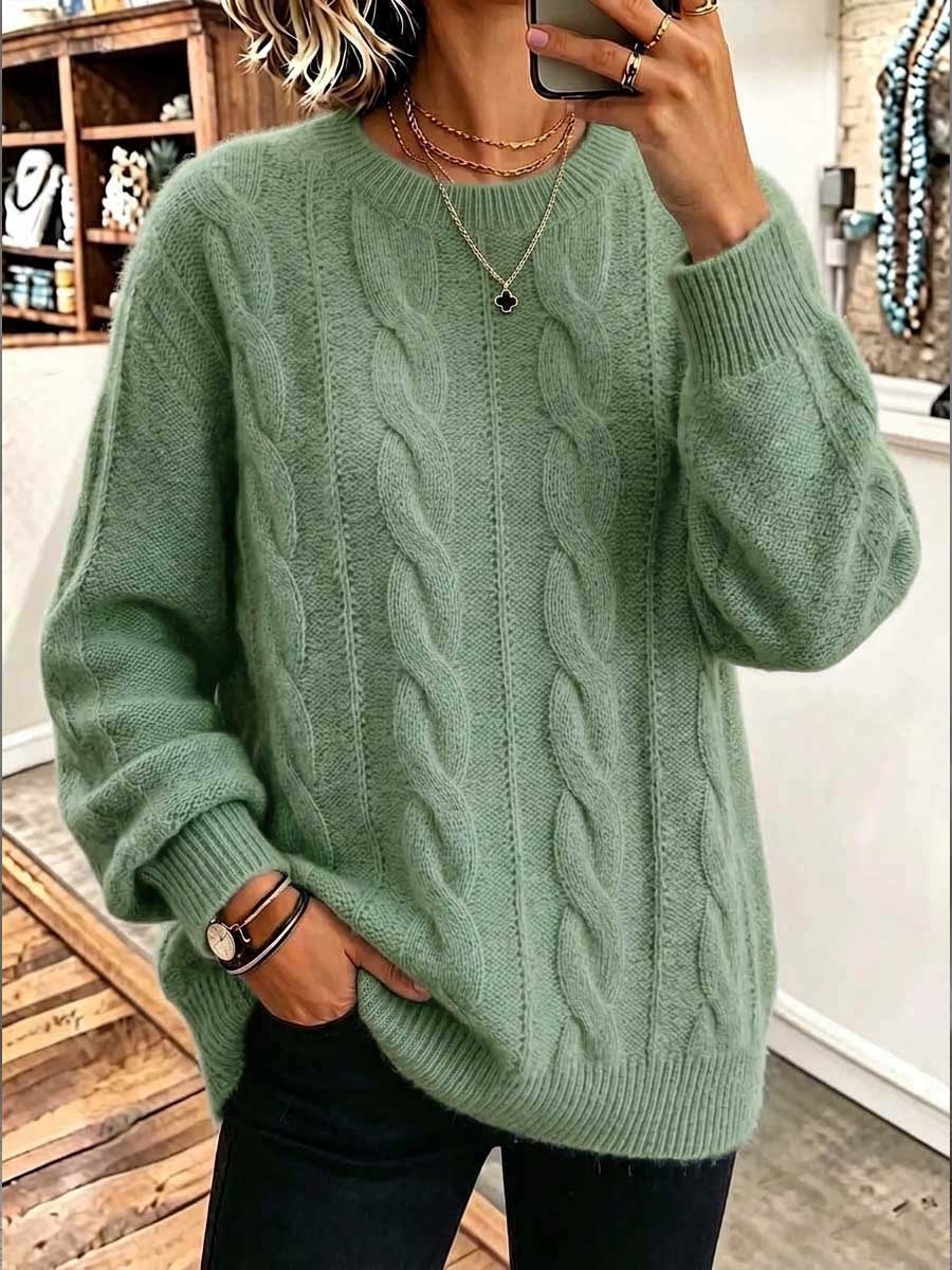 CLEARANCE SALE🔥  Women's Solid Color Round Neck Long Sleeve 3d Cable Knit Casual Loose Pullover Knit Sweater-halonarra