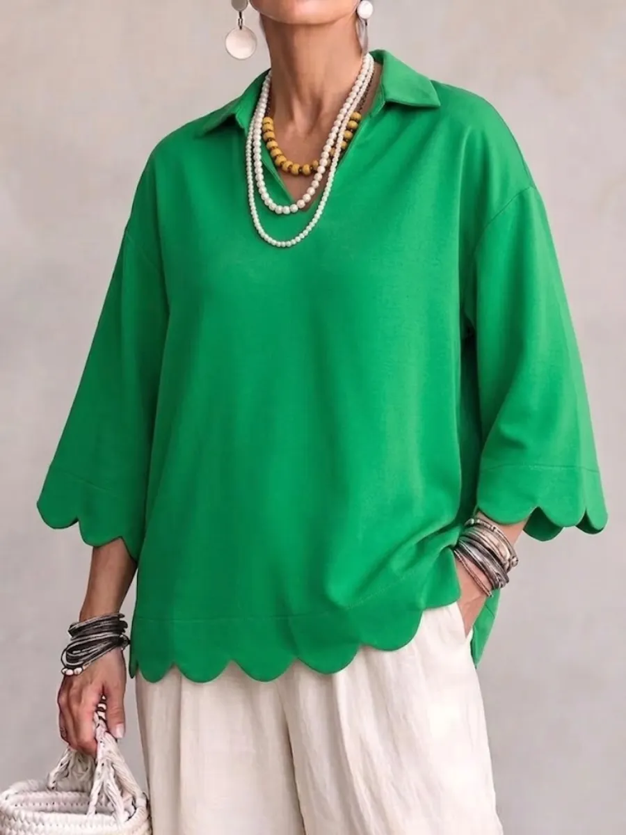 New Arrival🔥 Scallop‑trim Lapel Collar 3/4 Sleeve Relaxed Top-halonarra