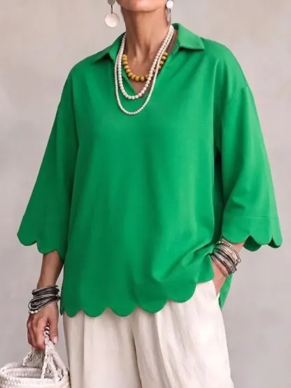 New Arrival🔥 Scallop‑trim Lapel Collar 3/4 Sleeve Relaxed Top-halonarra