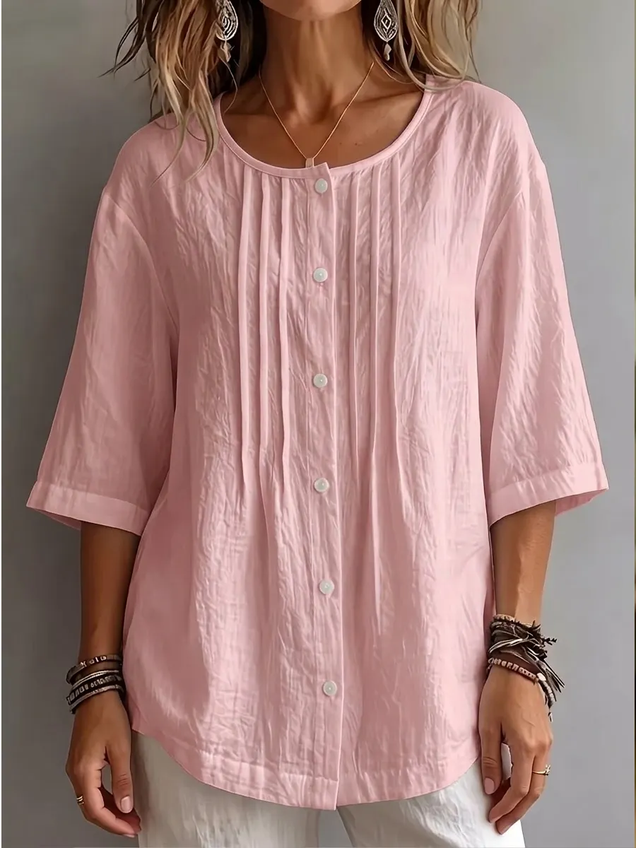 New Arrival 🔥Women'S Round Neck Three-Quarter Sleeve Pleated Shirt