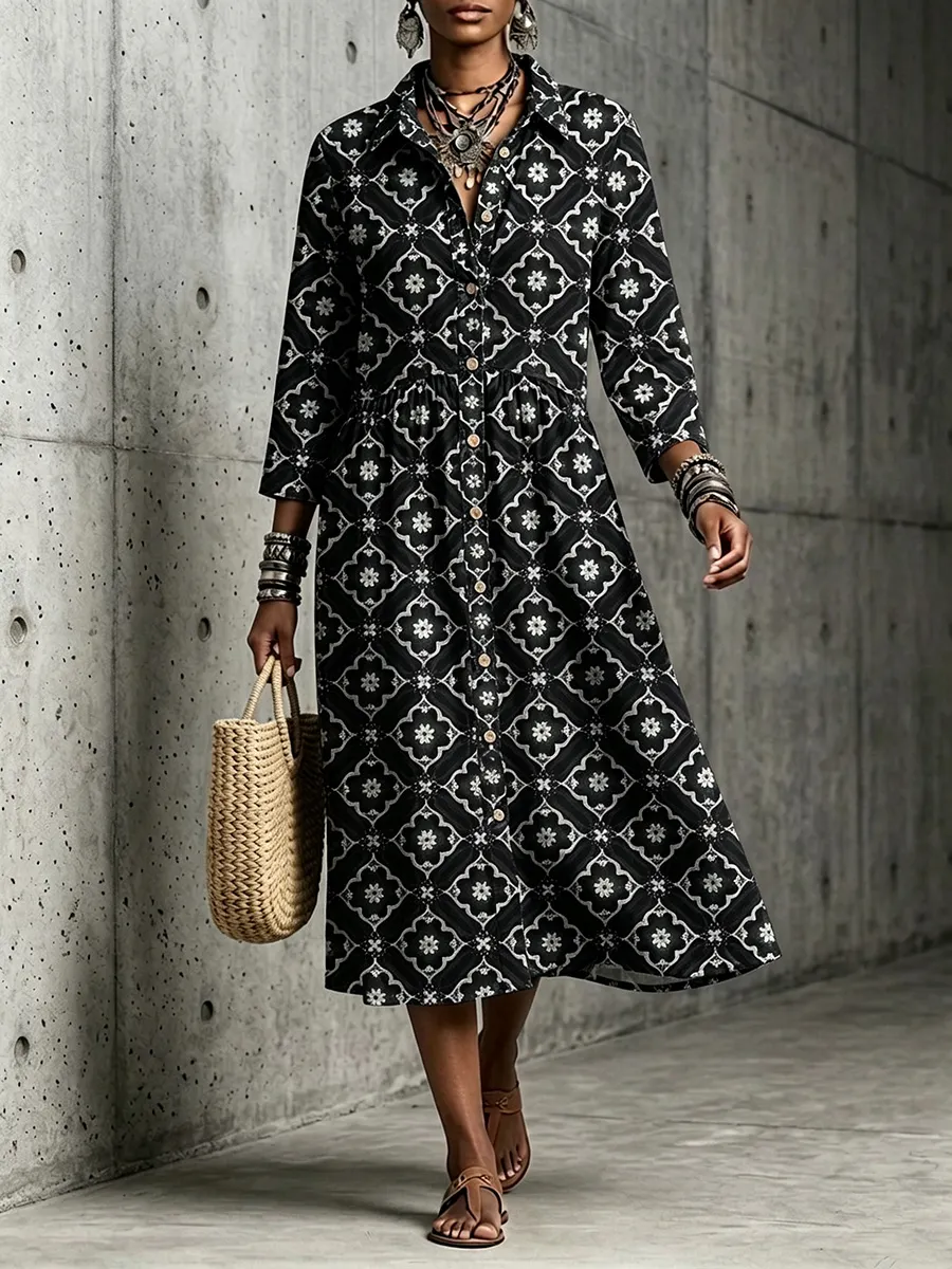 New Arrivals🔥 Mediterranean Bloom Print Midi Dress-halonarra