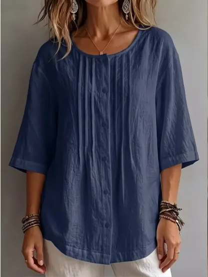 New Arrival 🔥Women'S Round Neck Three-Quarter Sleeve Pleated Shirt