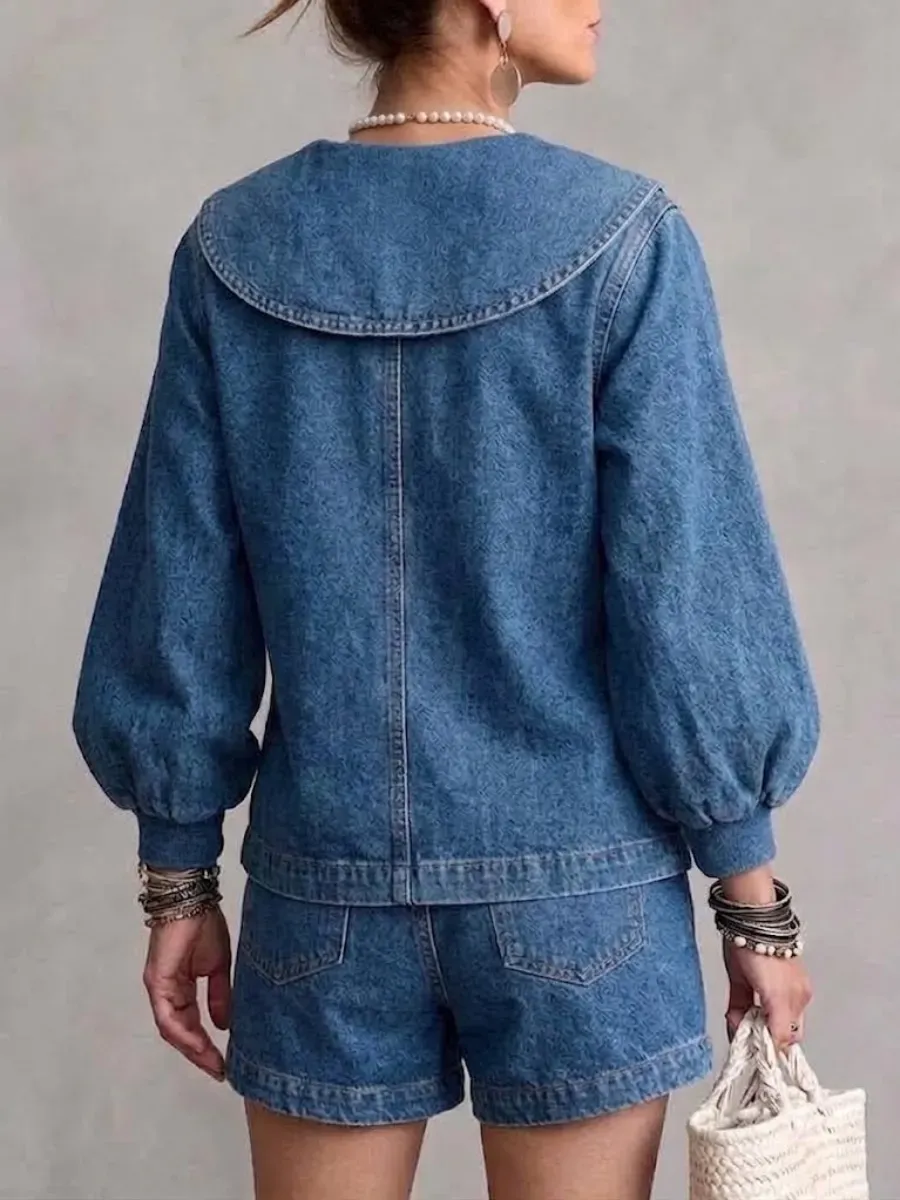 NEW ARRIVALS🔥 Denim Jacket With An Oversized Peter Pan Collar, Diagonal Button Placket, Gold Buttons, And Lantern Sleeves-halonarra