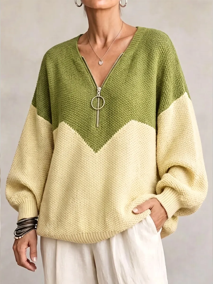 NEW ARRIVAL🔥  Women's Chevron Color Block Quarter-Zip Sweater Loose O-Ring Zipper Pullover Knit Top-simplysoftwear
