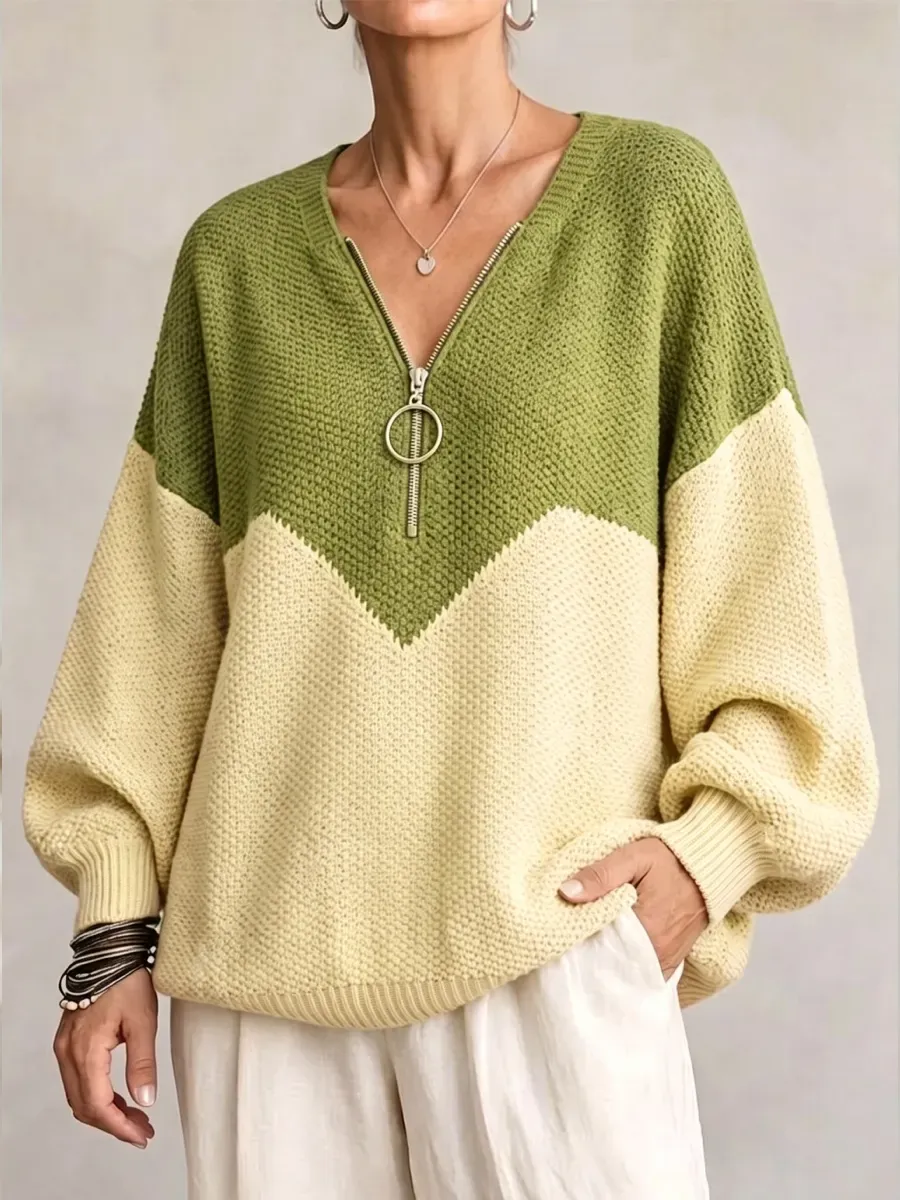 NEW ARRIVAL🔥  Women's Chevron Color Block Quarter-Zip Sweater Loose O-Ring Zipper Pullover Knit Top-simplysoftwear