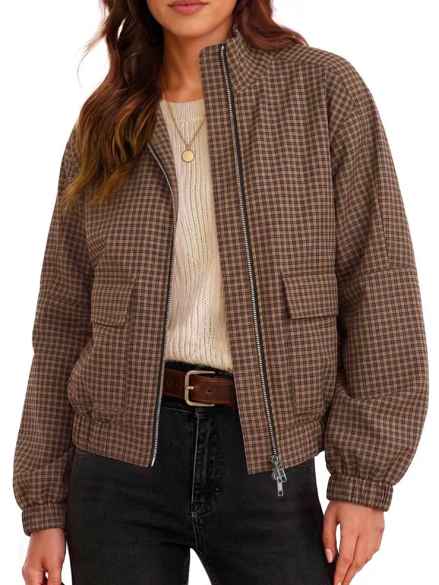 CLEARANCE SALE🔥 Plaid Zip-Up Stand Collar Jacket-halonarra