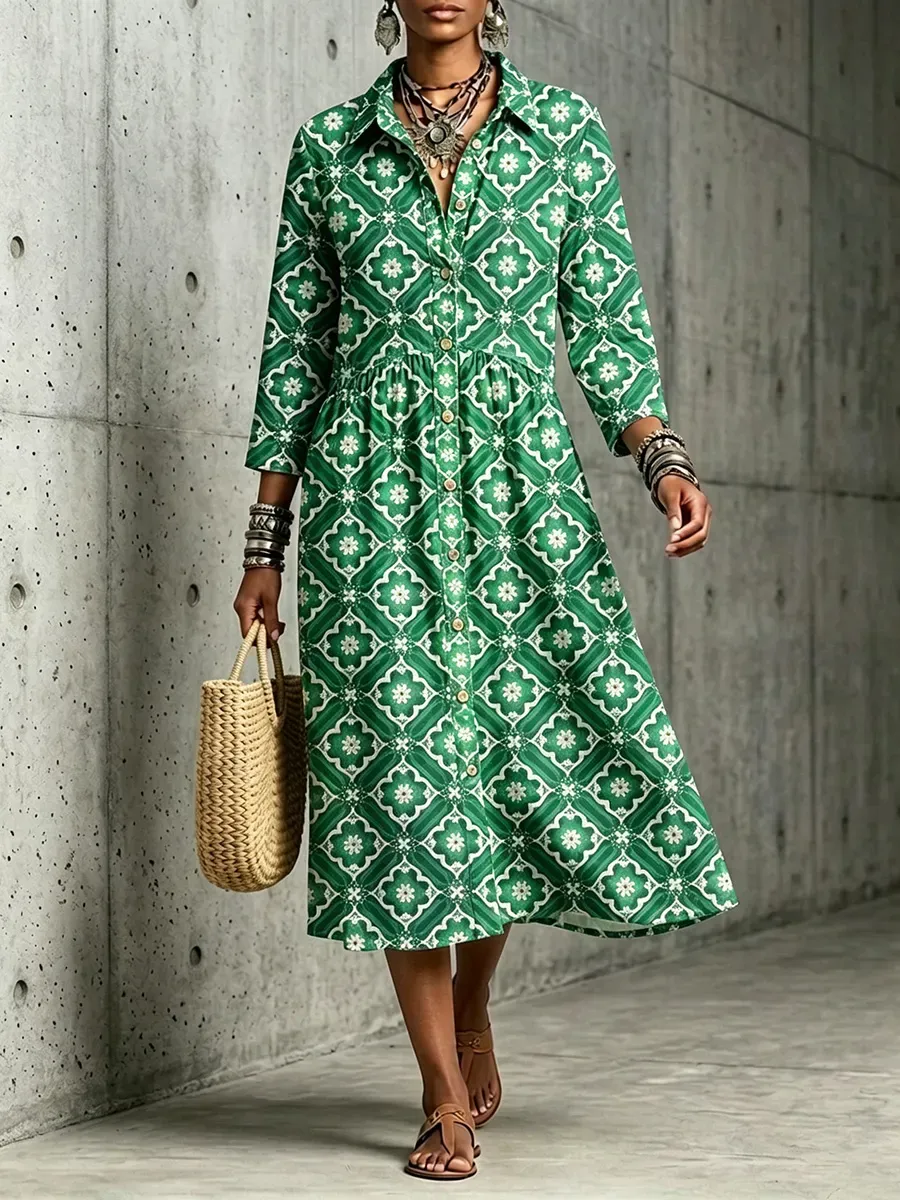 New Arrivals🔥 Mediterranean Bloom Print Midi Dress-halonarra
