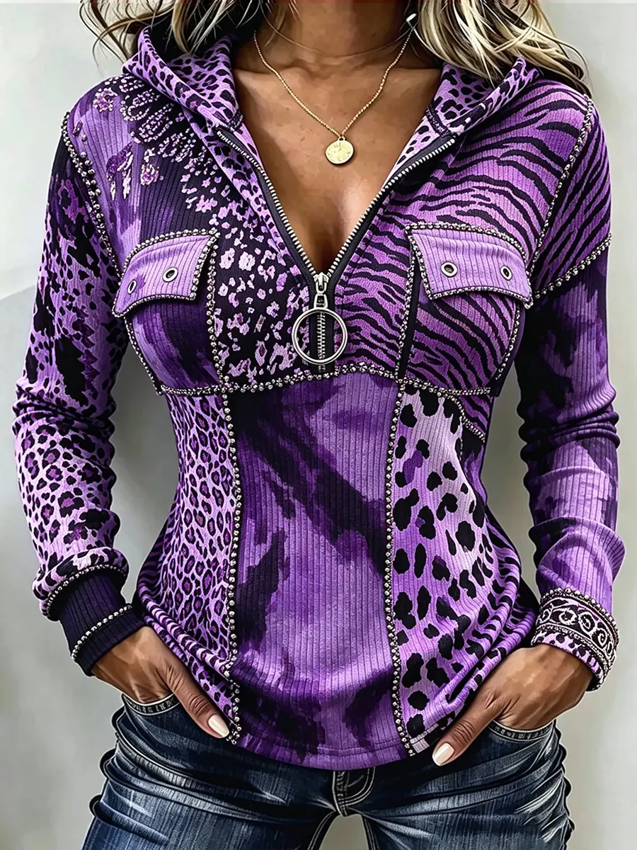 New Arrivals🔥 Chic Animal Patchwork Print Ribbed Hooded Top-simplysoftwear