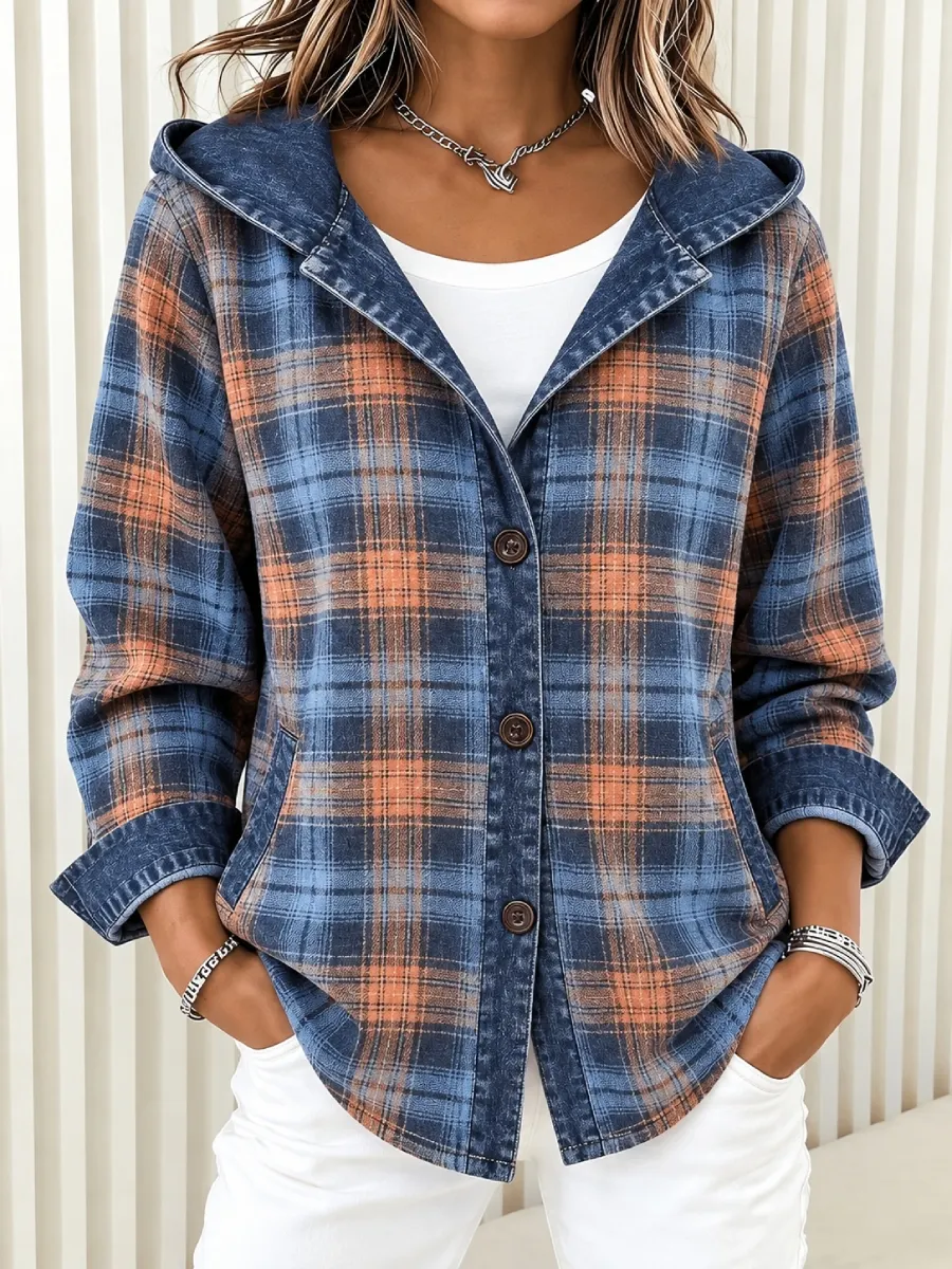 CLEARANCE SALE🔥 Women's Plaid Print Hooded Button Front Shacket-simplysoftwear