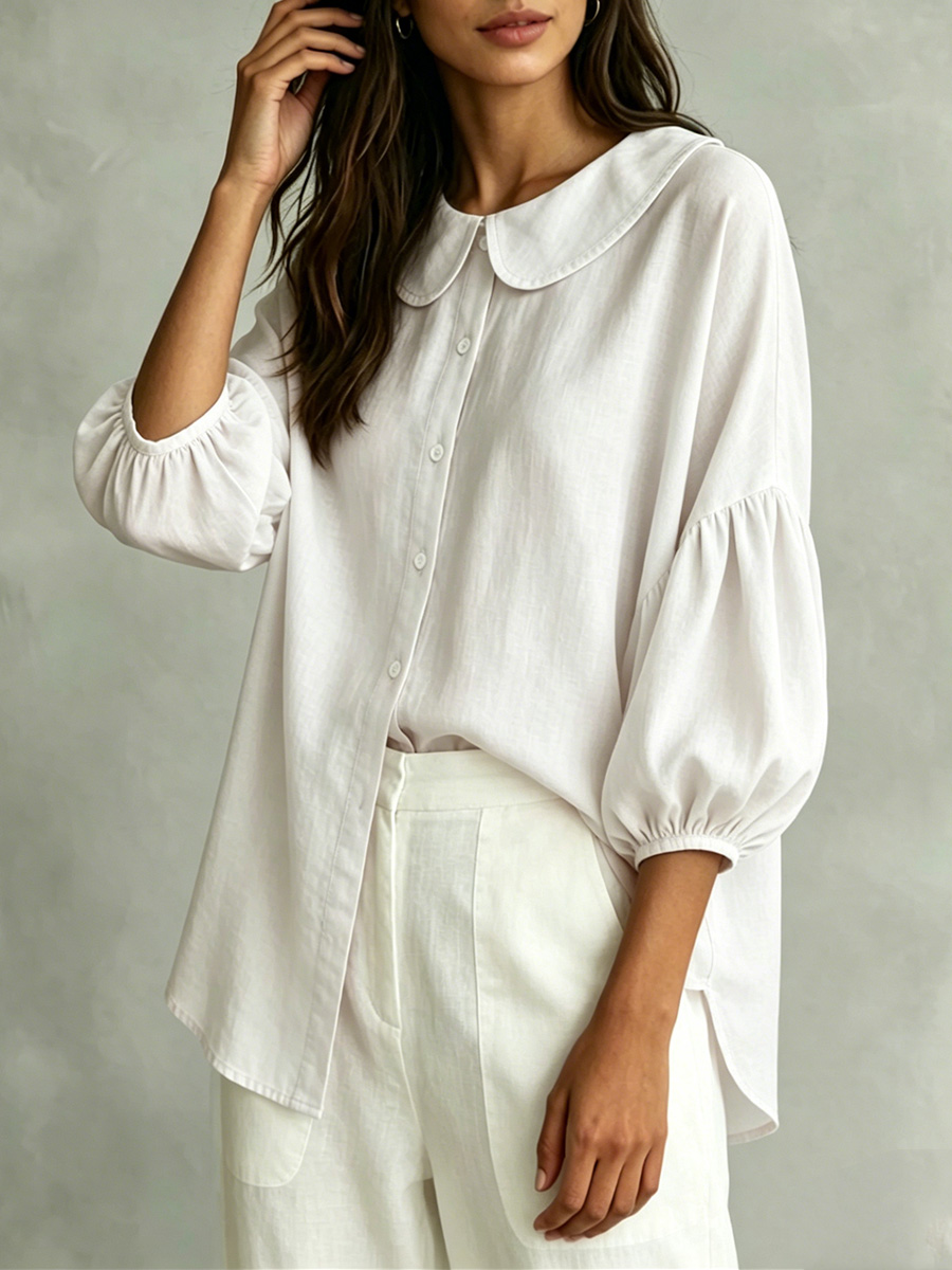 Cotton-Linen Shirt with Bell Sleeves and Peter Pan Collar