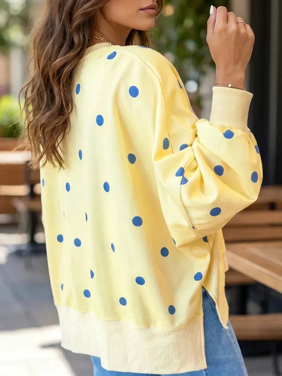 New Arrival🔥 Chic Sunshine Yellow & Blue Polka Dot Sweatshirt-halonarra