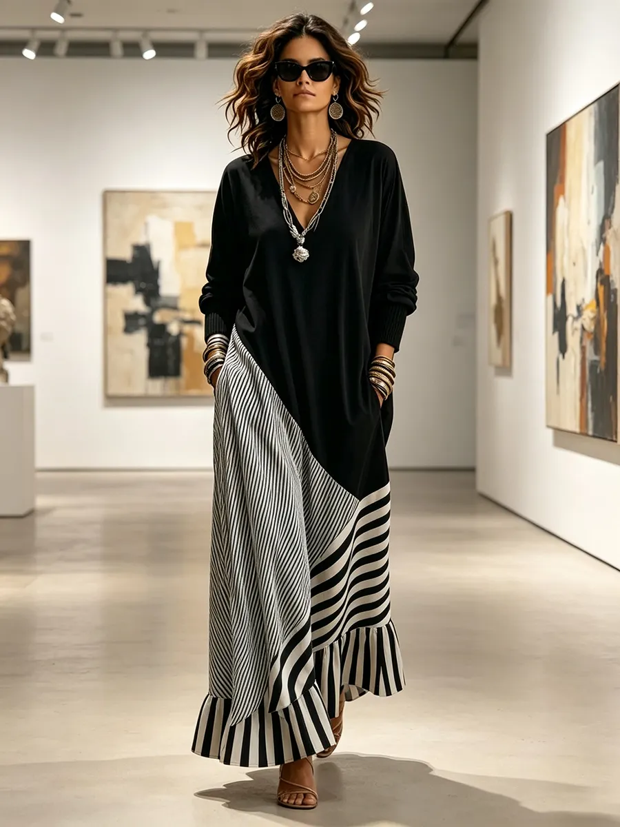 NEW ARRIVALS🔥 Chic Elegant Stretchy Black And Striped Maxi Dress-halonarra