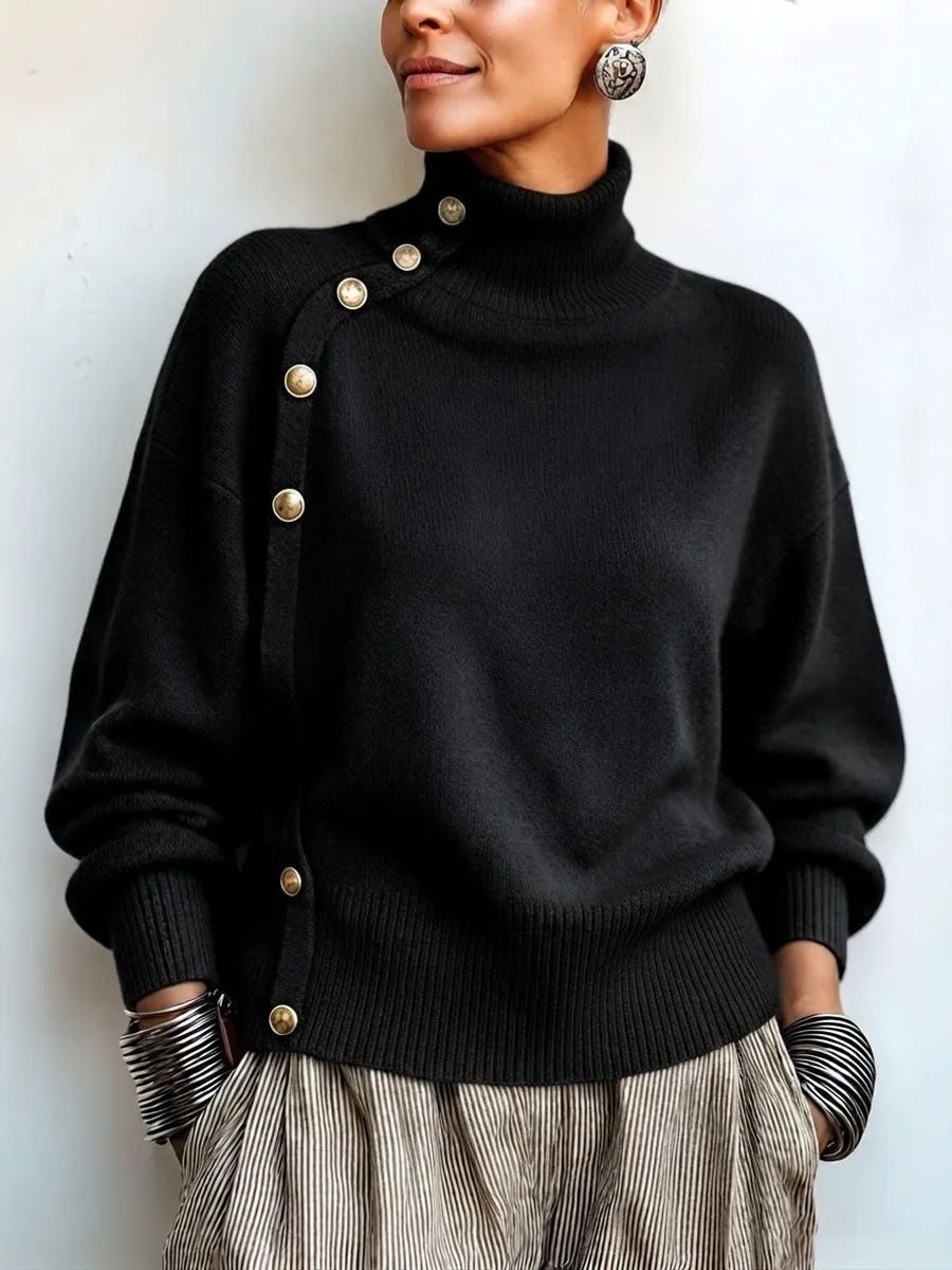 CLEARANCE SALE🔥 Chic Elegant Asymmetrical Button Turtleneck Sweater-halonarra