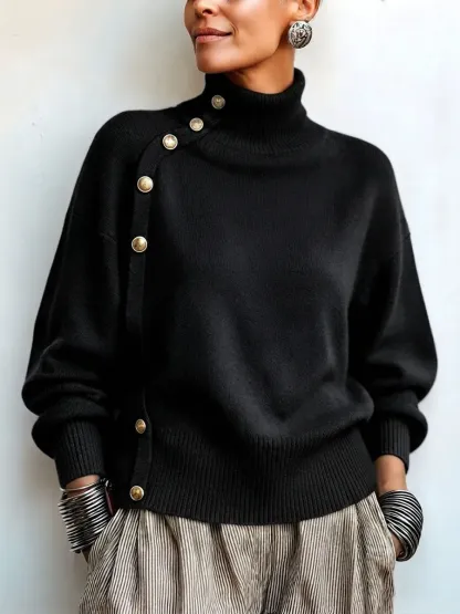 CLEARANCE SALE🔥 Chic Elegant Asymmetrical Button Turtleneck Sweater-halonarra
