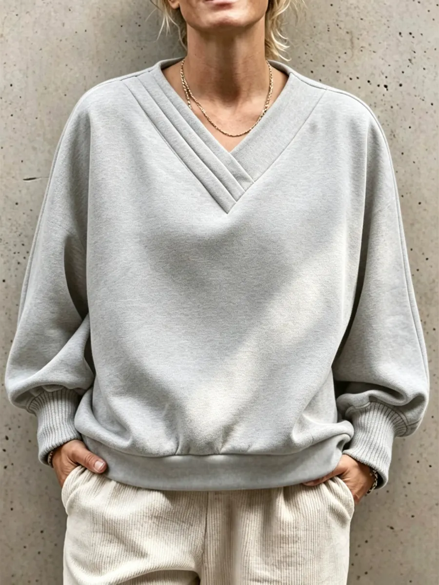 NEW ARRIVALS🔥 Pleated V-Neck Drop Shoulder Sweatshirt-halonarra