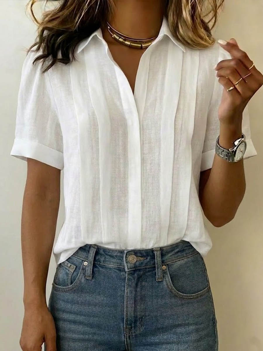 Clearance Sale🔥 Women's Lapel Short-sleeved Casual Loose Pleated Cotton And Linen Shirt