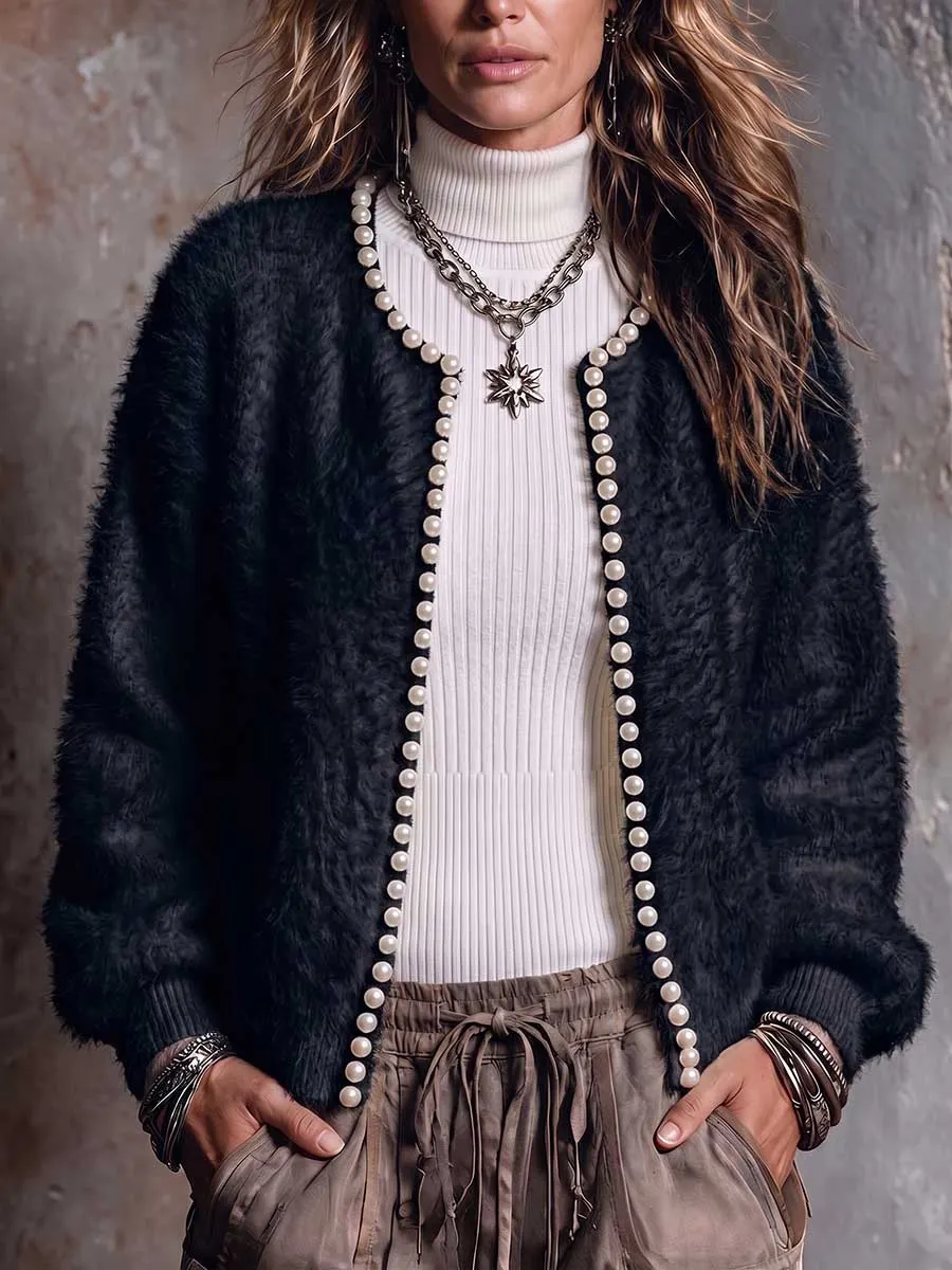 New Arrival🔥 Women's Solid Color Round Neck Long Sleeve Beaded Casual Loose Knit Cardigan-halonarra