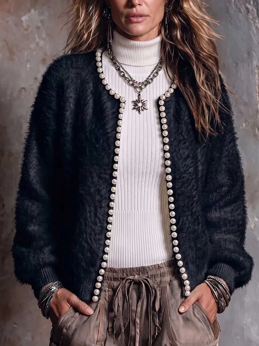 New Arrival🔥 Women's Solid Color Round Neck Long Sleeve Beaded Casual Loose Knit Cardigan-halonarra