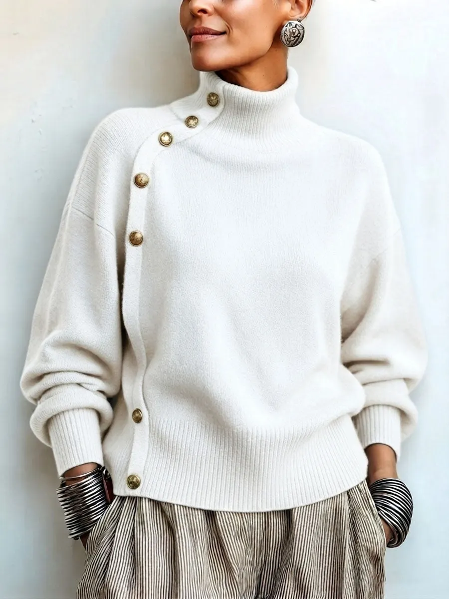 CLEARANCE SALE🔥 Chic Elegant Asymmetrical Button Turtleneck Sweater-halonarra