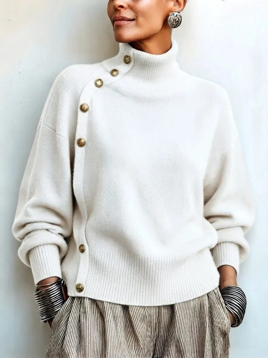 CLEARANCE SALE🔥 Chic Elegant Asymmetrical Button Turtleneck Sweater-halonarra