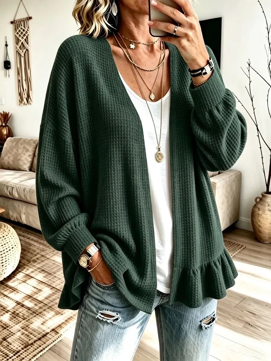 CLEARANCE SALE🔥 Women's Ruffle Hem Waffle Knit Open Front Cardigan-simplysoftwear