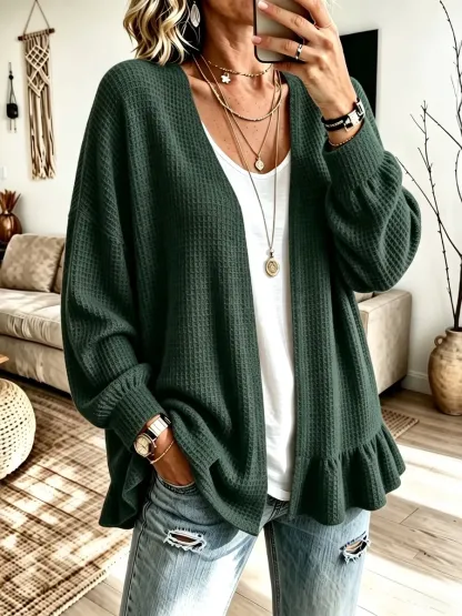 CLEARANCE SALE🔥 Women's Ruffle Hem Waffle Knit Open Front Cardigan-simplysoftwear